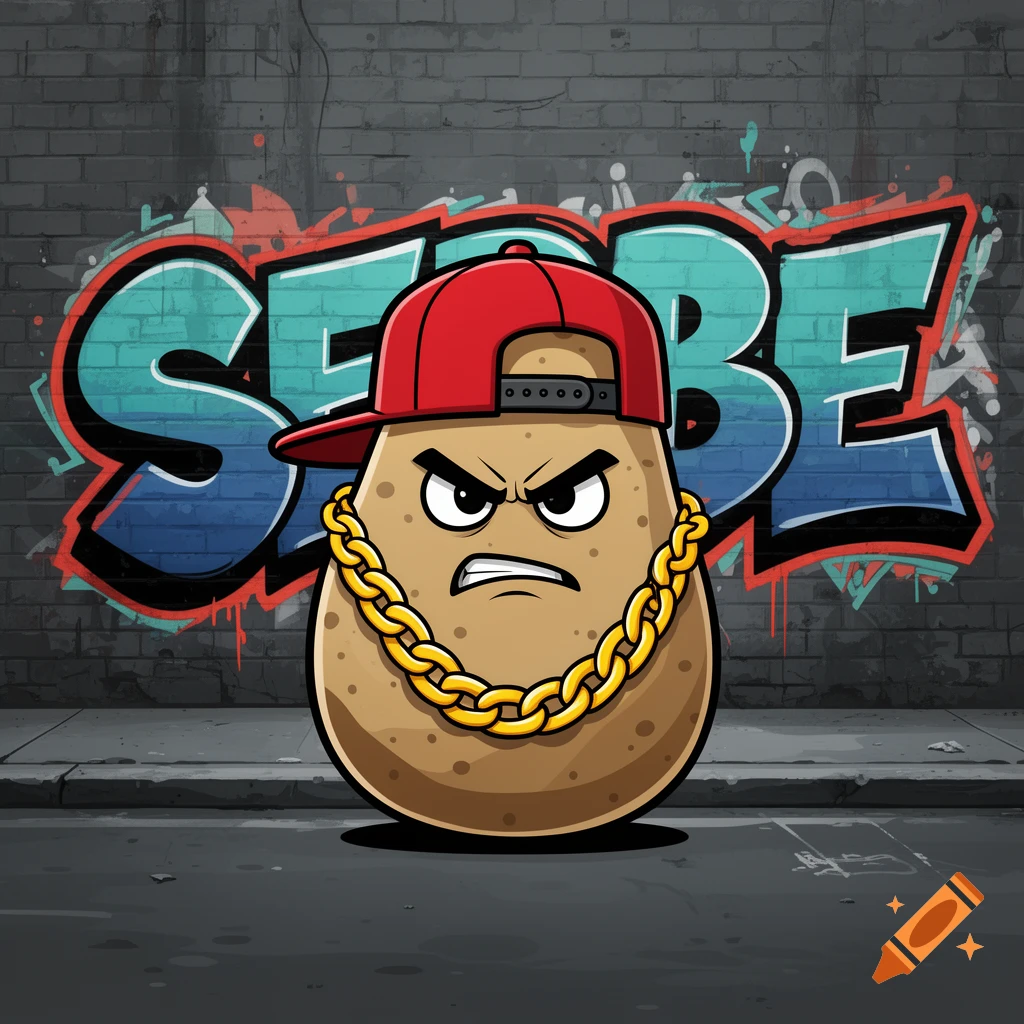 A tough cartoon potato character with a fierce expression, wearing a red baseball cap and gold chain, in front of a brick wall with "SEBBE" graffiti.