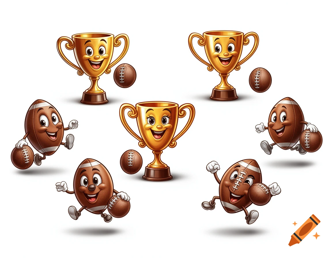 Smiling cartoon golden trophies and footballs with faces and limbs, isolated on a white background.