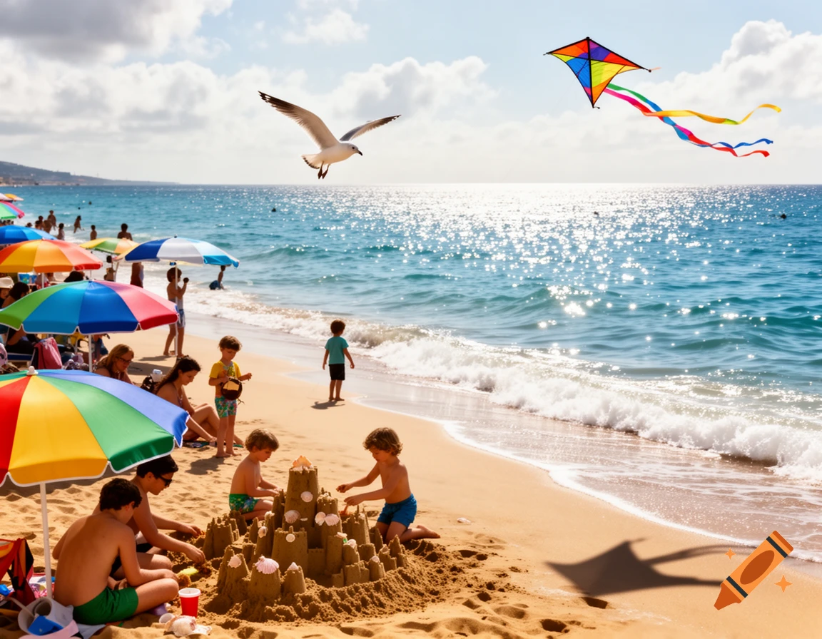 A lively photorealistic beach scene with children building sandcastles, people swimming, colorful umbrellas, a kite, and a seagull.