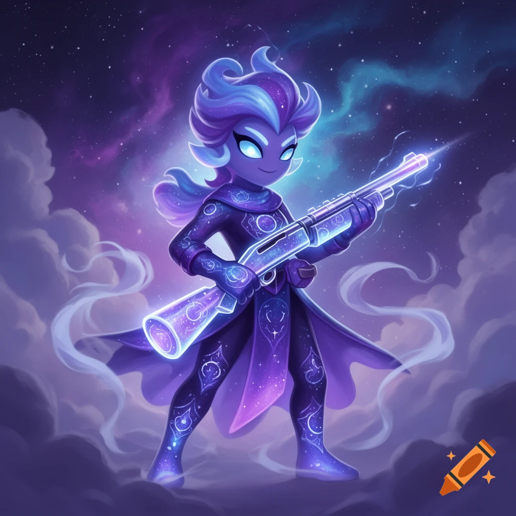 A cosmic, purple-skinned character with glowing eyes and hair, holding a glowing galaxy-themed shotgun in a cartoon game art style.