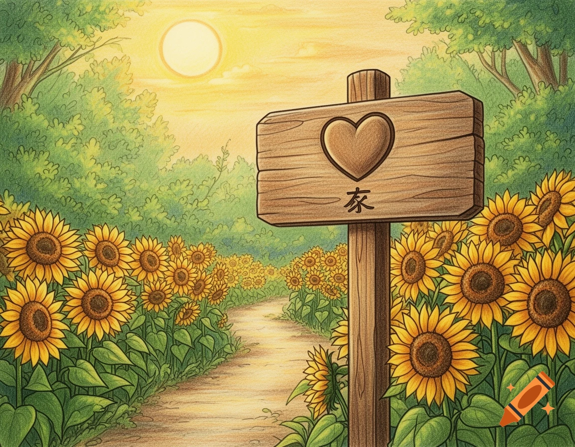 Crayon drawing of a sunny path through a sunflower field, with a wooden sign displaying a heart and a Japanese character.