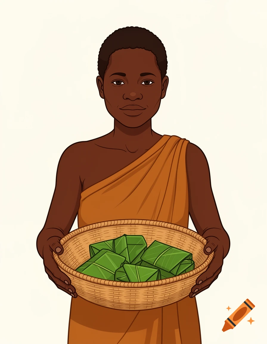 Flat vector illustration of a Bayaka woman in an ochre cloth, holding a woven basket filled with green leaf packets.