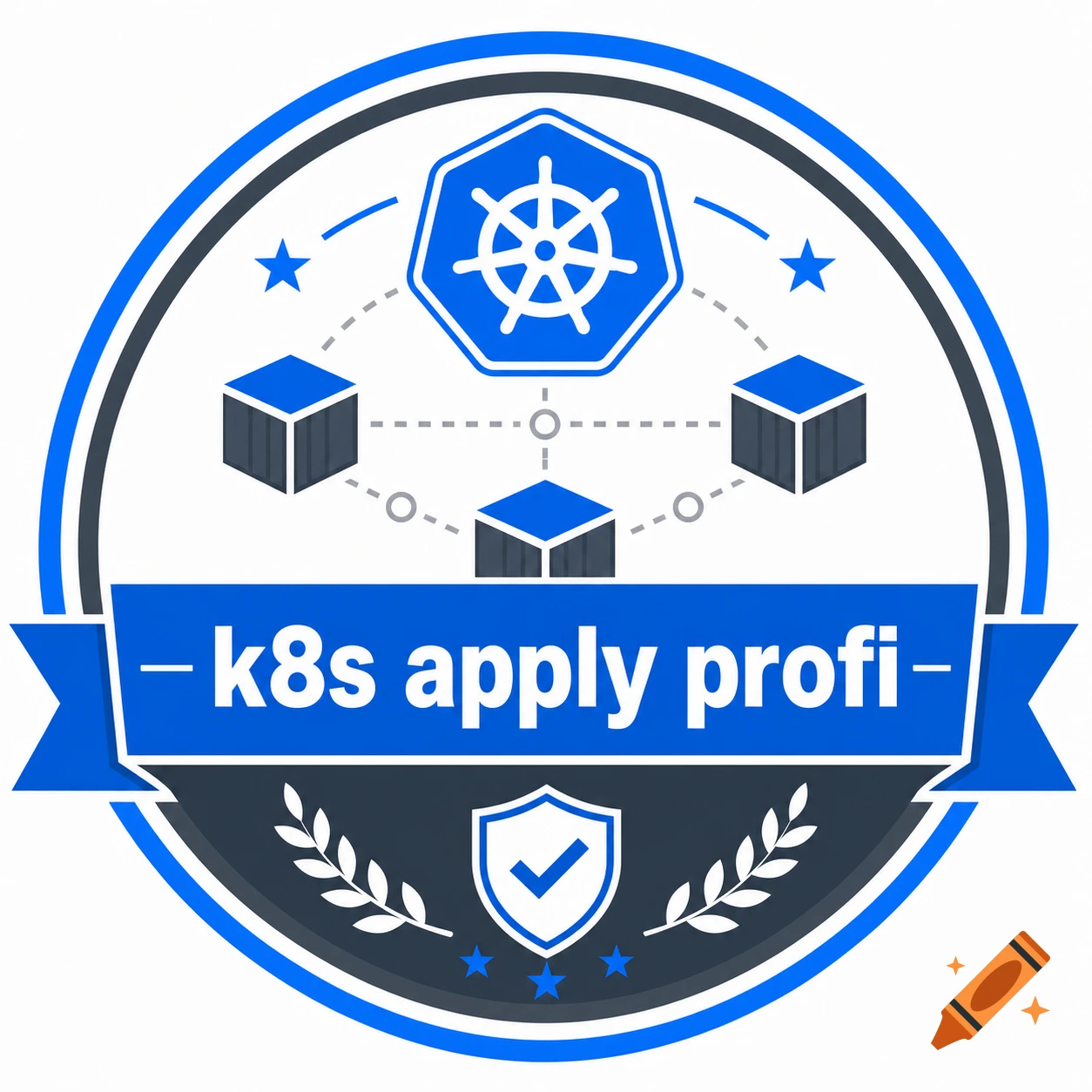 A blue and white achievement badge with the Kubernetes logo, three cube icons, and a ribbon displaying 'k8s apply profi'.