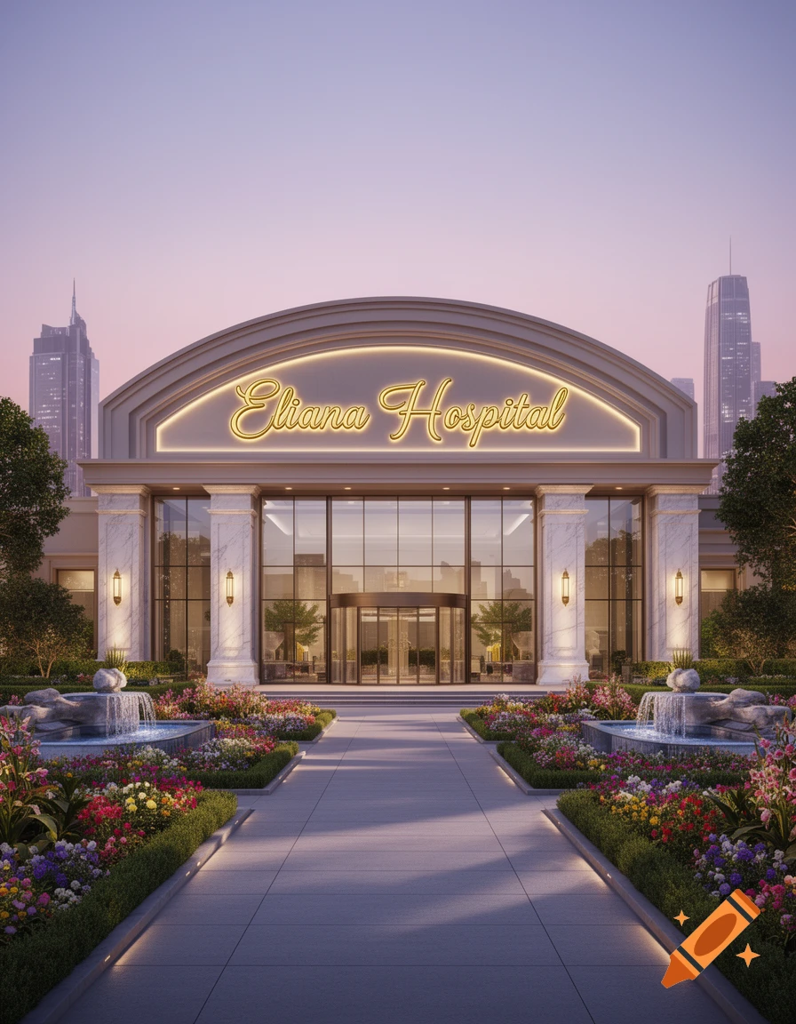 Grand hospital entrance with "Eliana Hospital" in neon, flanked by lush gardens and fountains, under a twilight sky.