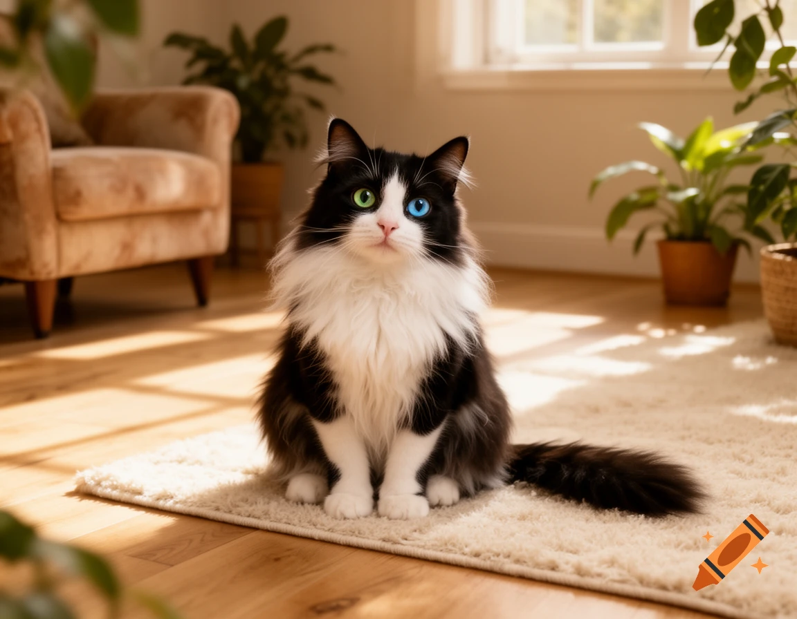 A fluffy black and white cat with heterochromia sits on a beige rug in a sunlit room, looking towards the camera.