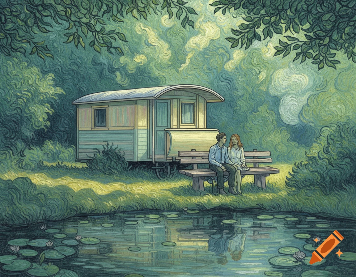 A painting in Van Gogh style of a couple on a bench by a pond with a caravan, surrounded by lush green foliage.