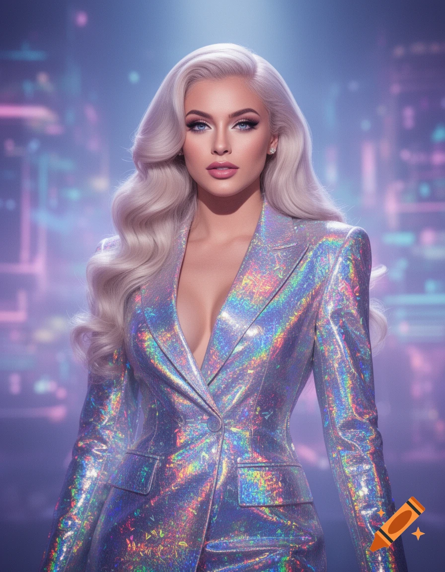 A glamorous woman with platinum blonde hair wearing a holographic silver blazer, set against a blurry neon city background.