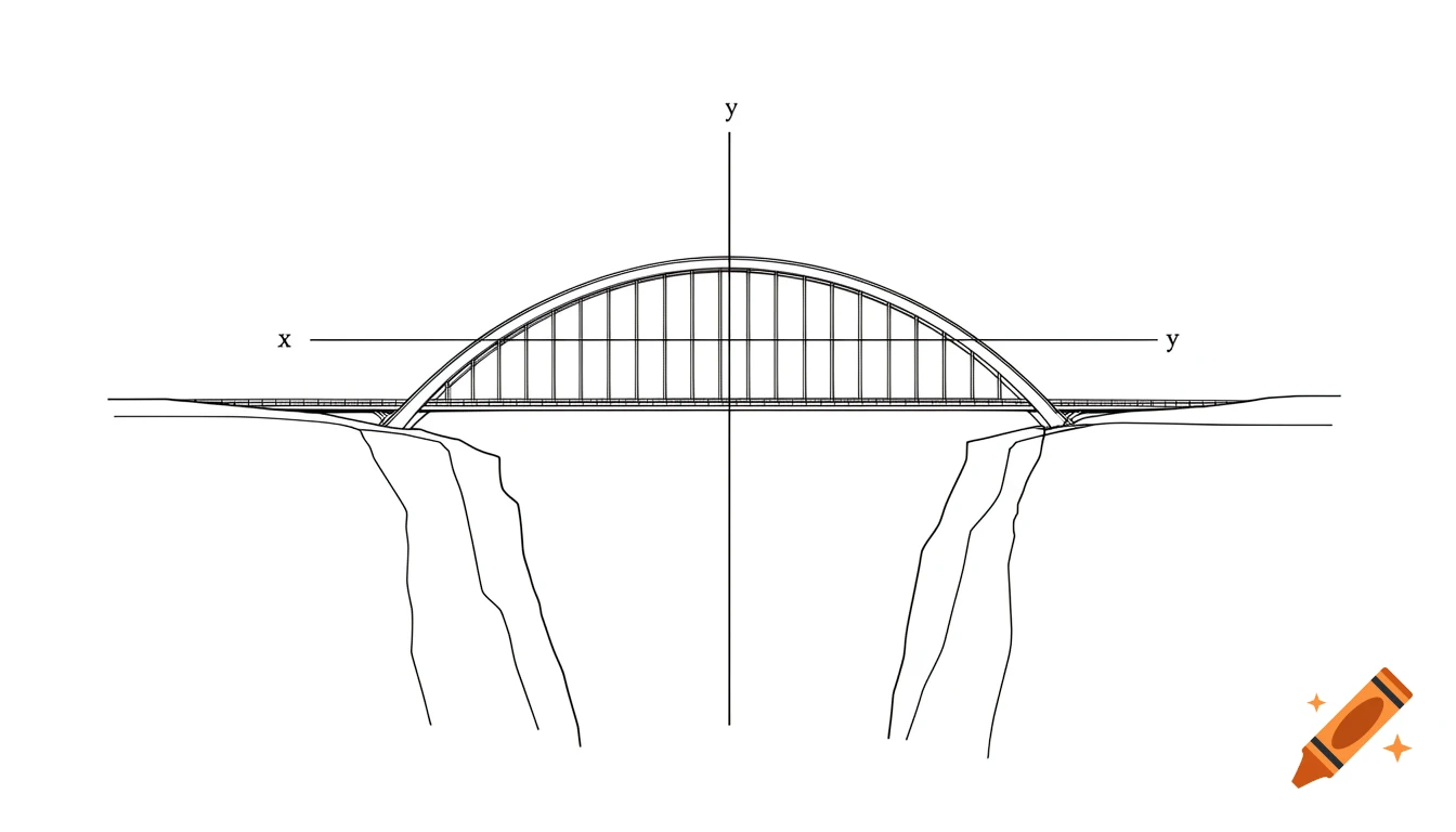 A minimalist line drawing of a parabolic arch bridge over a gorge, with labeled x and y axes.