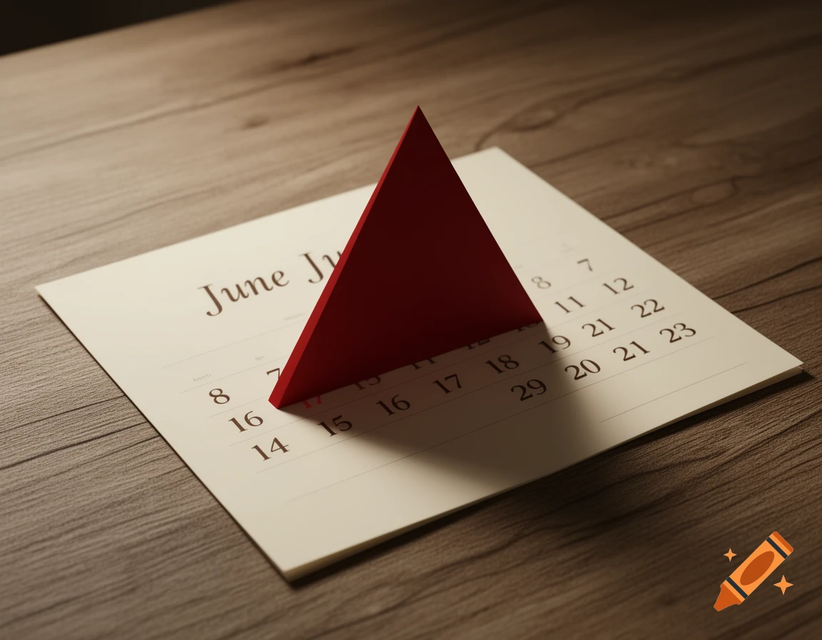 A calendar page for June with a red triangular prism on a wooden table, casting a shadow.