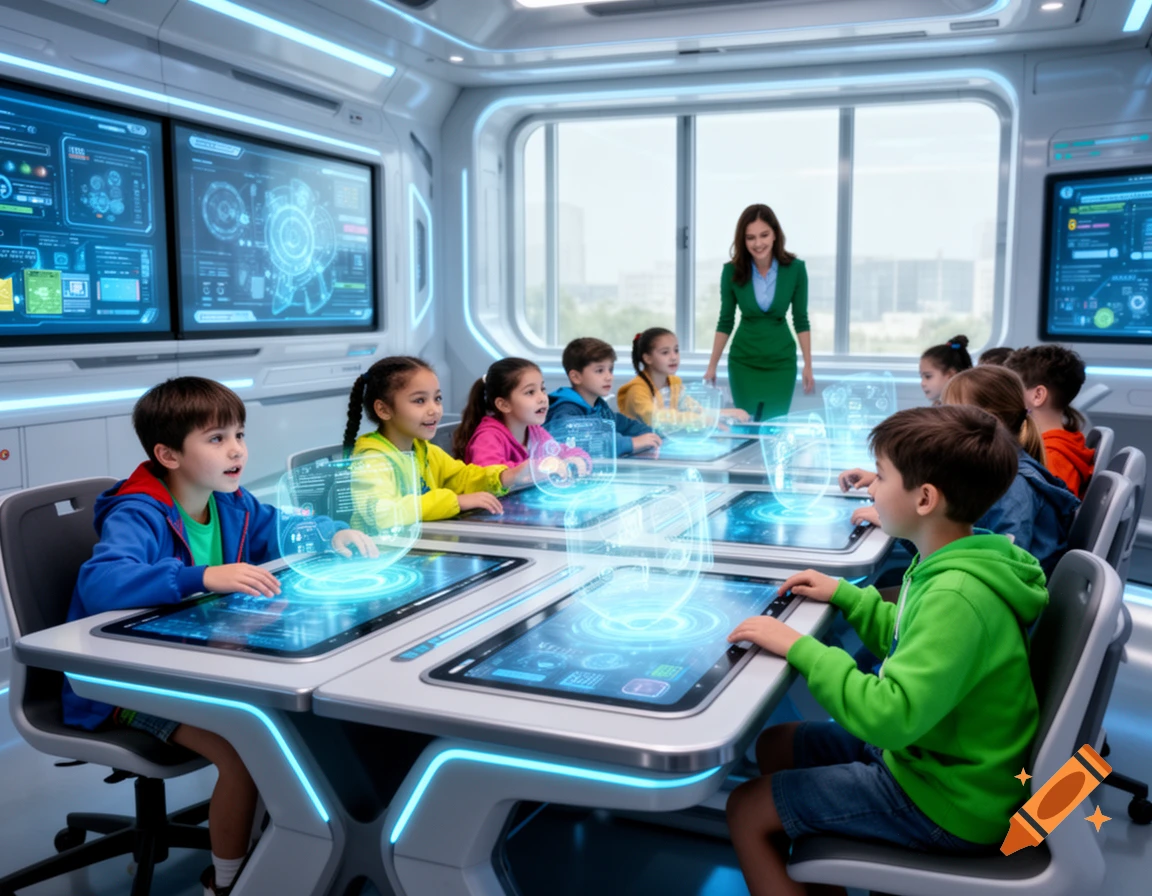 Elementary school children in a futuristic classroom with interactive holographic desks and large wall screens, supervised by a teacher.