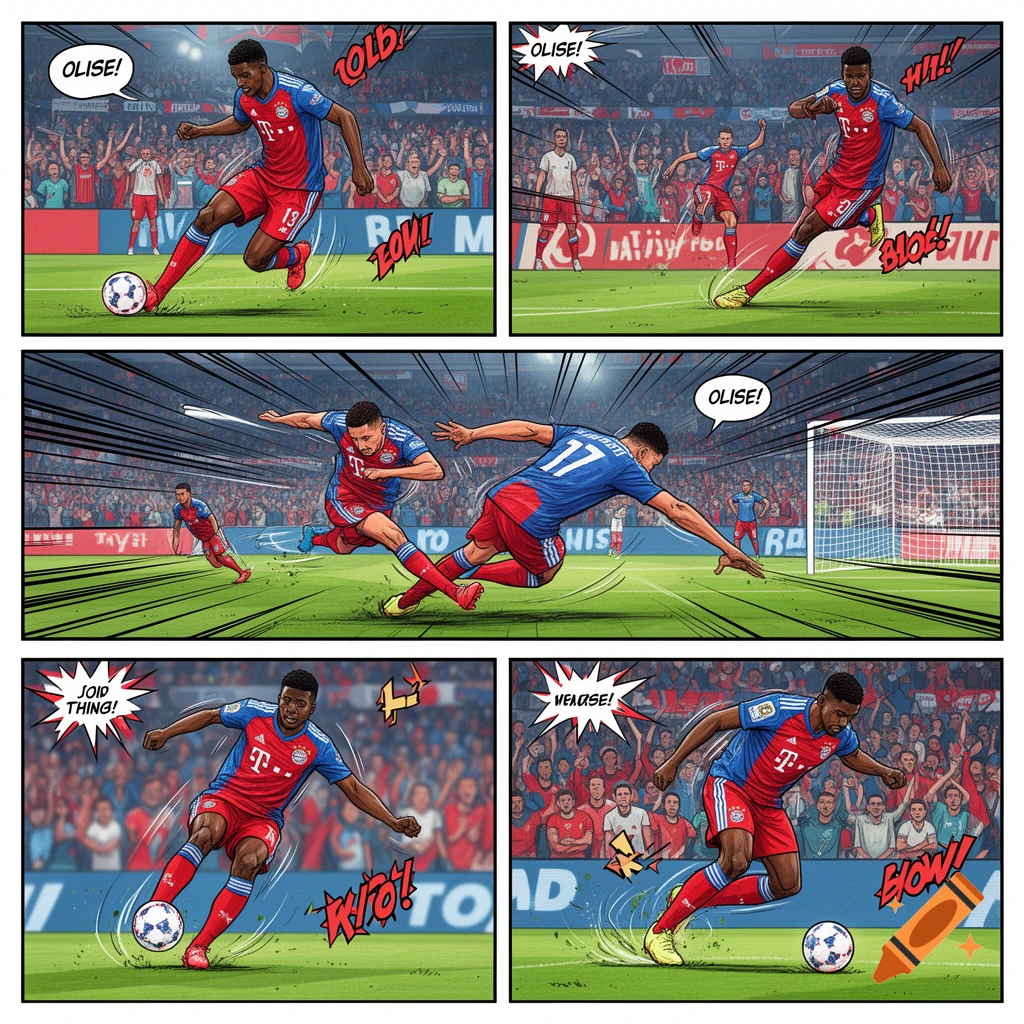 A multi-panel comic book illustration shows a dark-skinned soccer player in a red and blue uniform, identified as Olise, dribbling and kicking a ball during a game in a stadium with cheering fans.