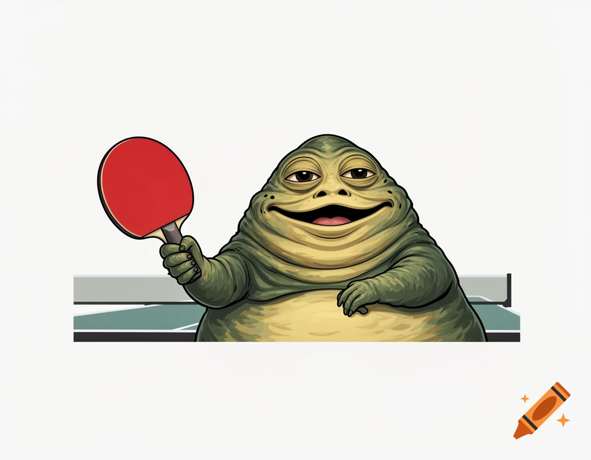 Funny cartoon illustration of Jabba the Hutt smiling, enthusiastically holding a red table tennis paddle, ready to play ping pong.