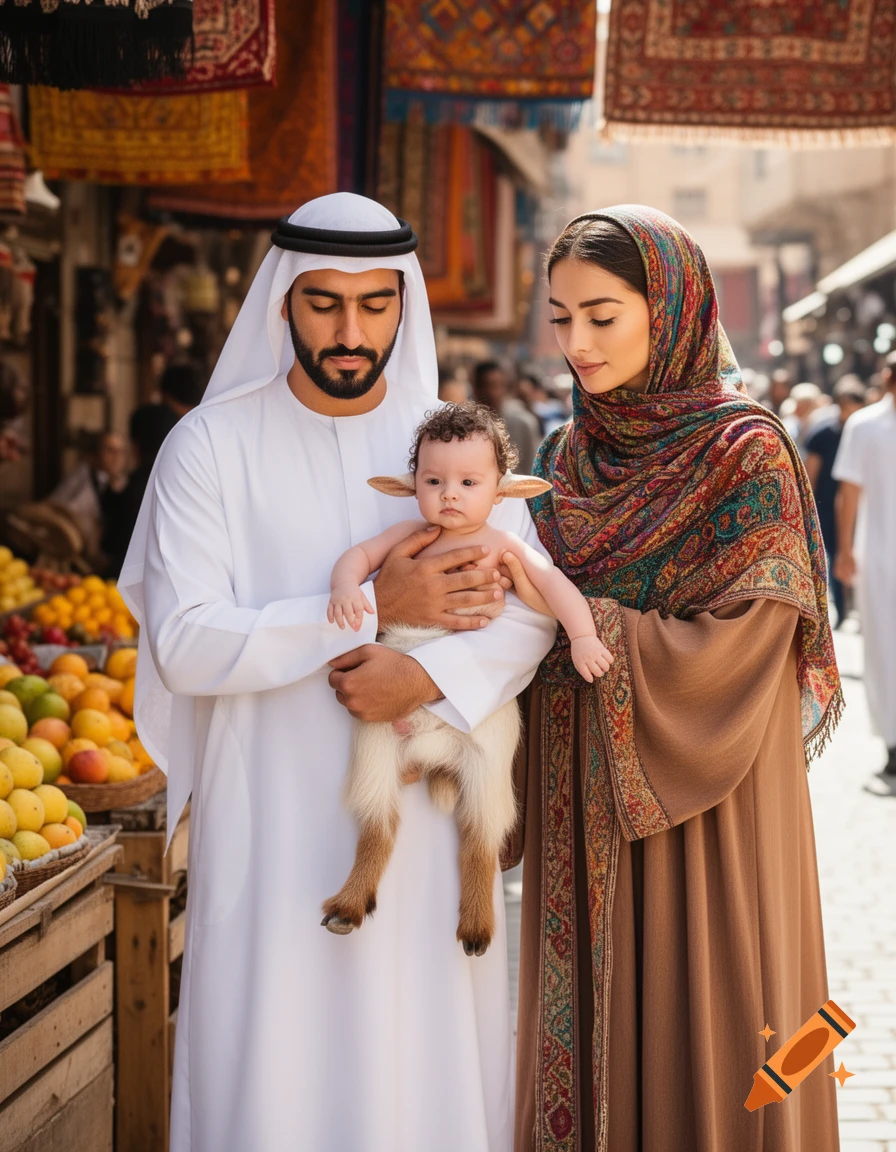 A man and woman in Middle Eastern attire hold a human-goat hybrid baby in a bustling marketplace.