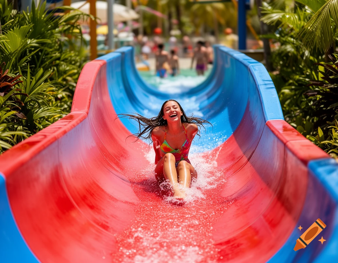 A young woman happily slides down a red and blue water slide at a water park, splashing water.