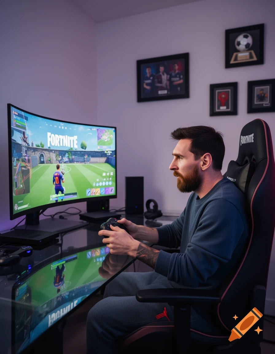 Photorealistic image of Lionel Messi with a beard, playing Fortnite on a curved monitor in a dimly lit gaming room.