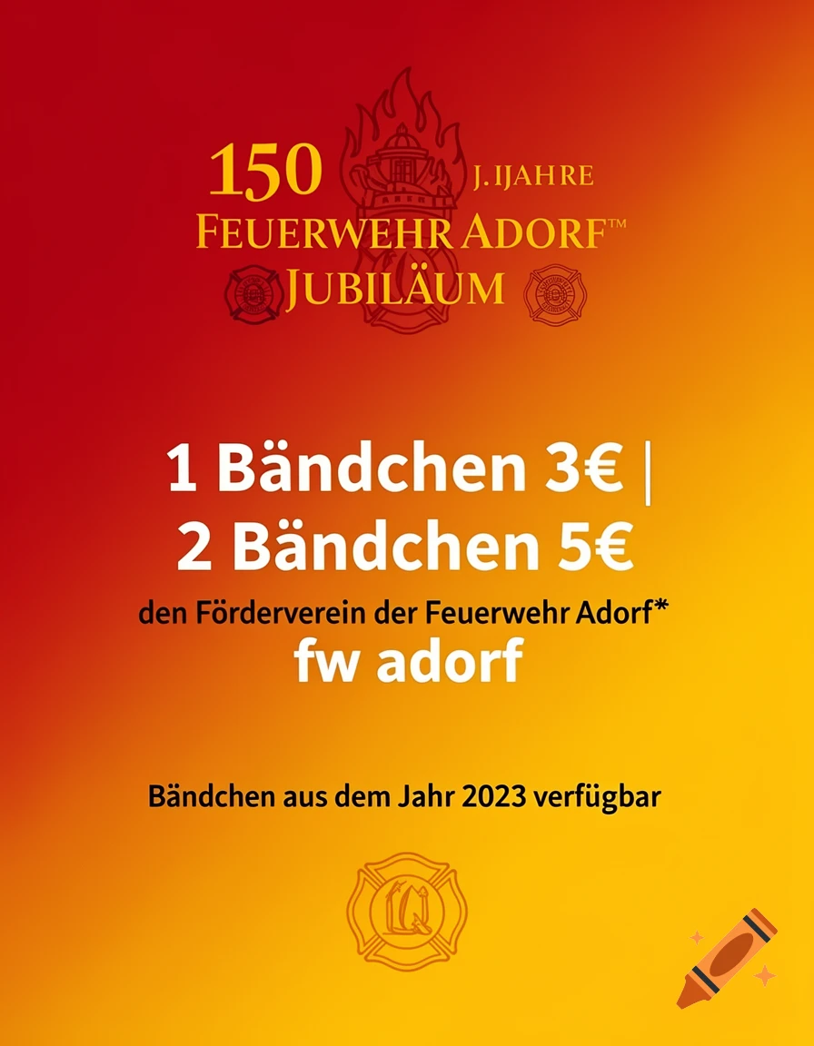 A sales poster for a 150-year jubilee of Feuerwehr Adorf. It has a red to orange gradient background with text details about wristbands costing 3€ or 5€, with proceeds supporting the fire department. Badges from 2023 are also available.
