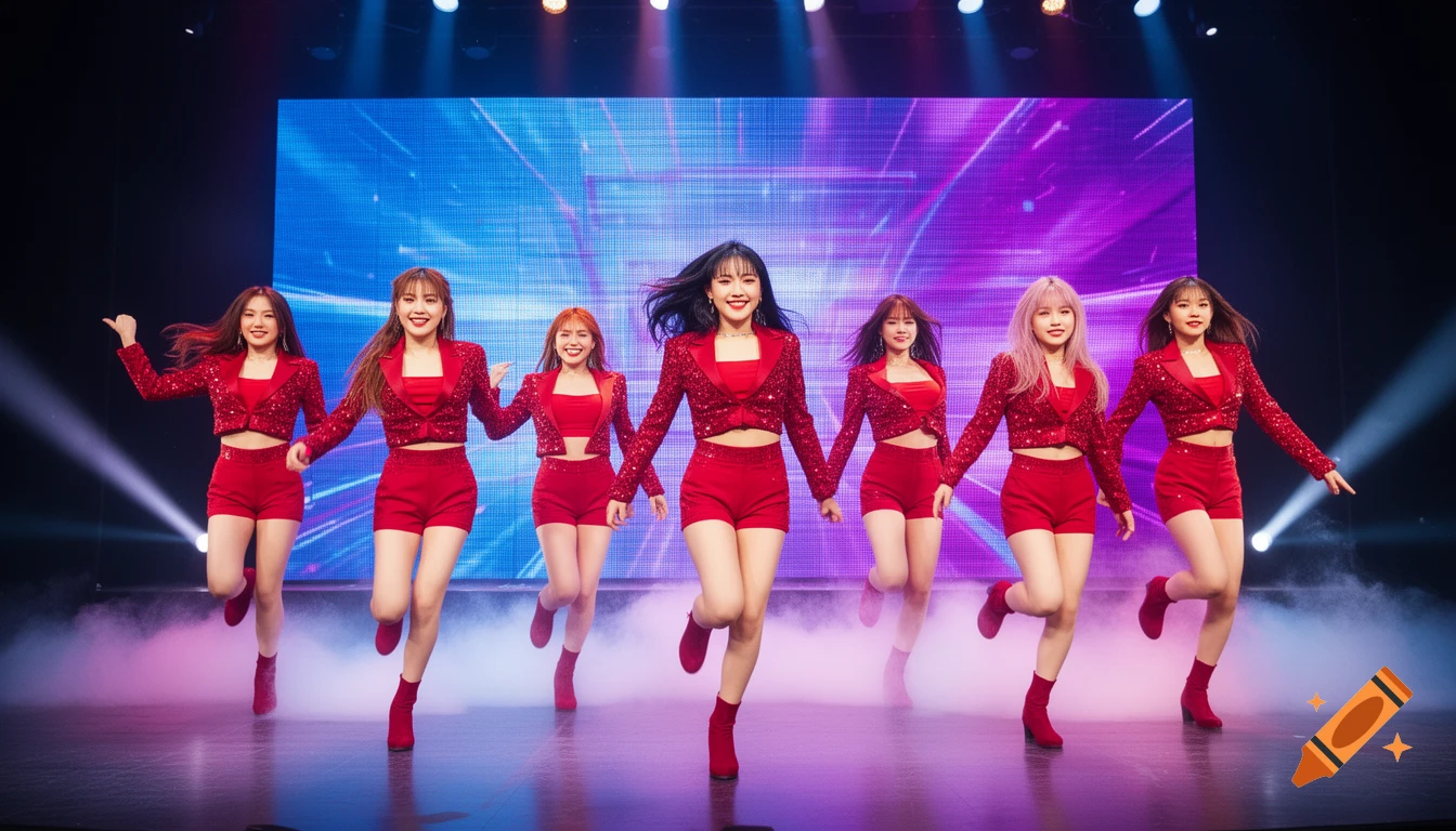 Six young women in red sequined outfits dance on a stage with a glowing screen and smoke.