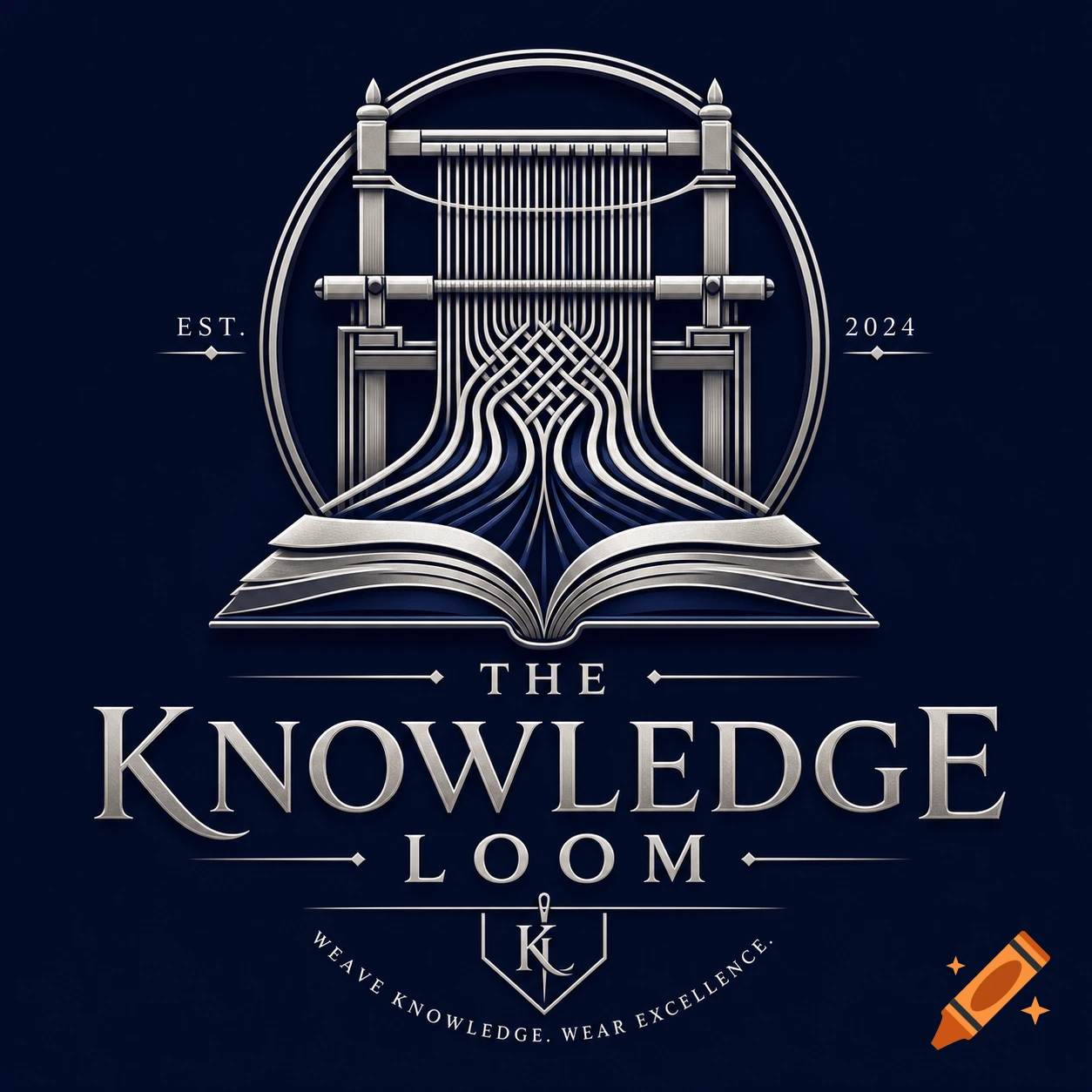An elegant metallic logo for 'The Knowledge Loom' on a dark blue background, featuring a stylized loom above an open book with weaving threads and surrounding text.