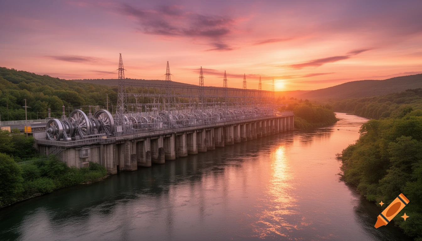 A hydroelectric power plant on a river at sunset, surrounded by green, forested hills.