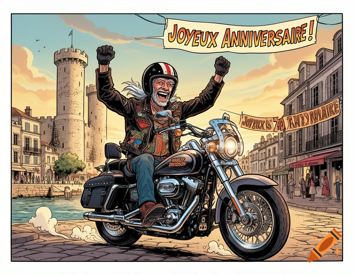 Comic book style illustration of an old biker celebrating his 70th birthday on a Harley Davidson in La Rochelle, France, with banners reading "Happy Birthday."