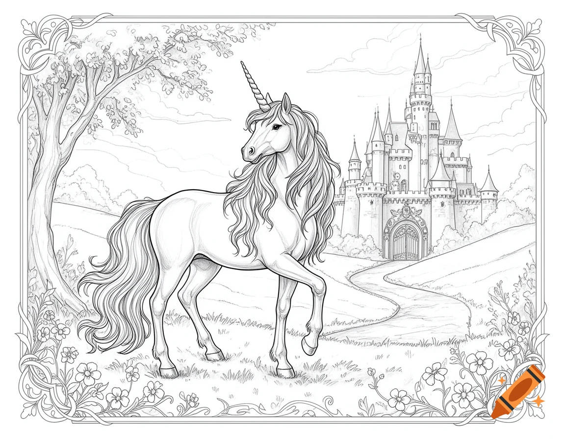 Black and white coloring page of a majestic unicorn in a clearing, with a path leading to a grand castle in the background.