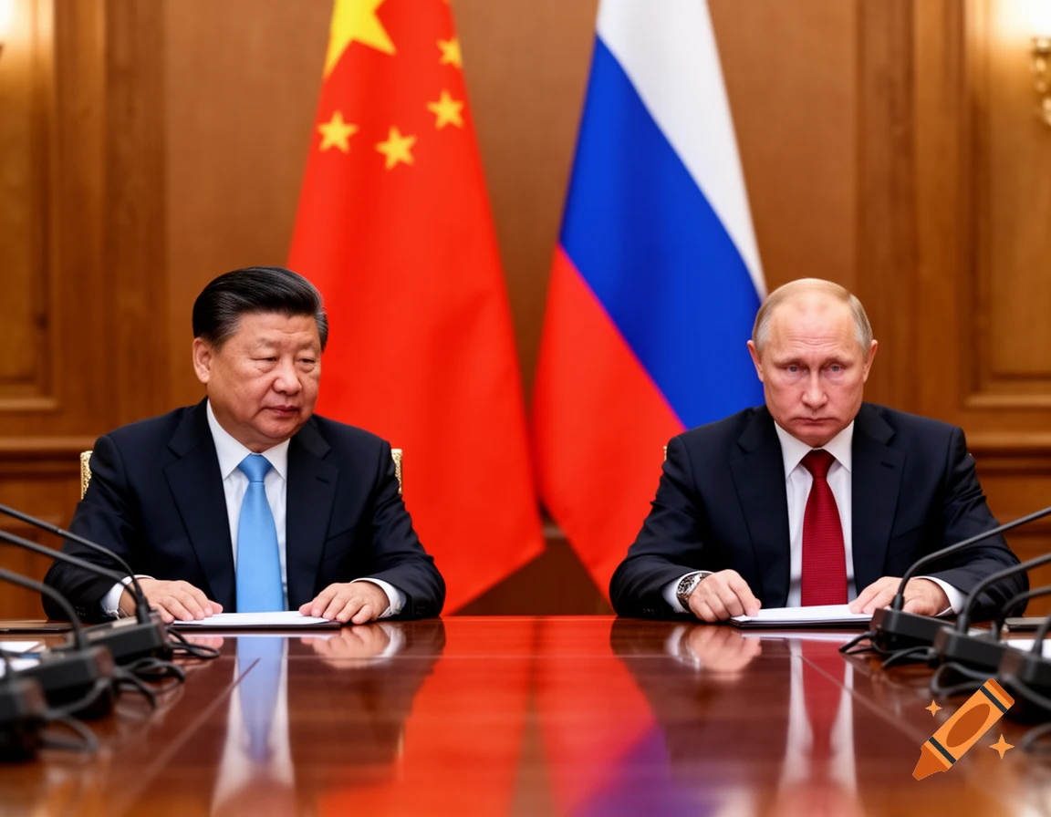 Xi Jinping and Vladimir Putin sit at a wooden table in a formal meeting, with the Chinese and Russian flags behind them.