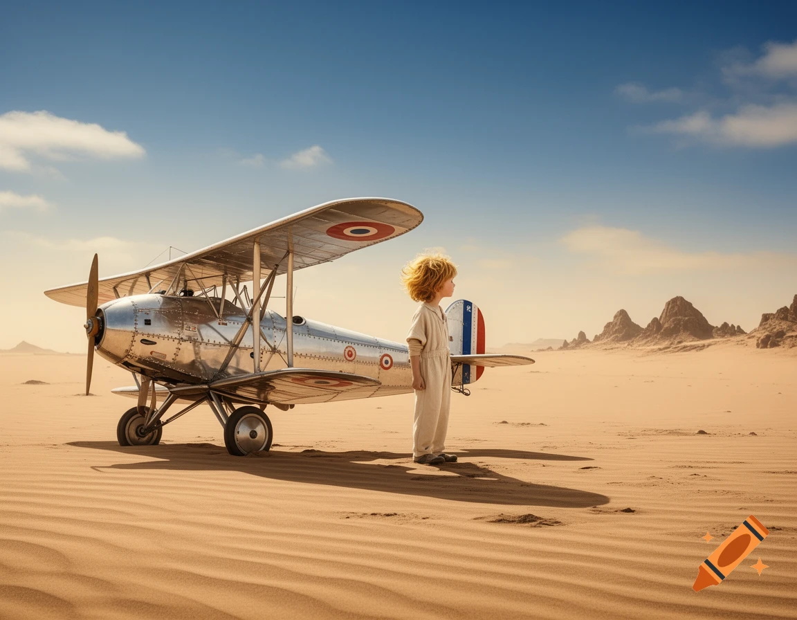 A child with ginger hair stands next to a silver biplane in a vast, sandy desert under a blue sky.