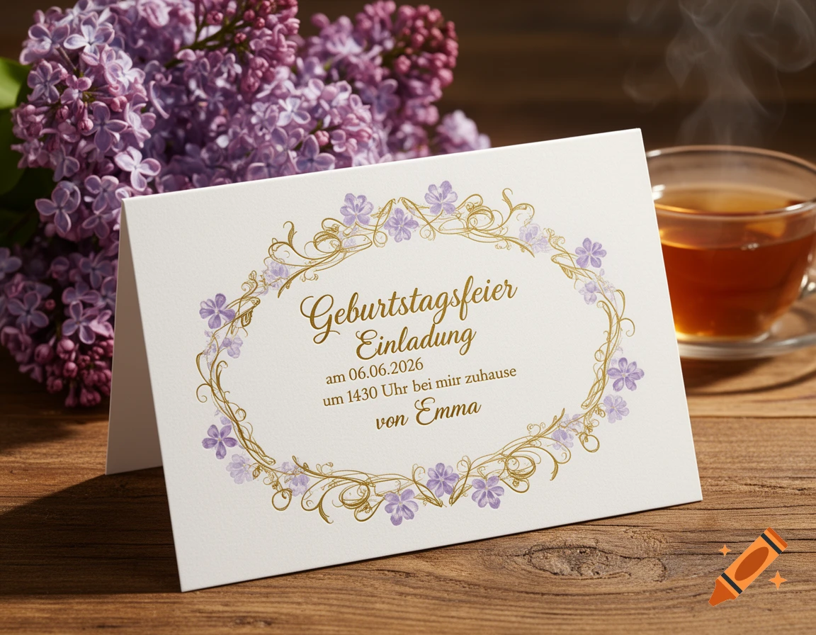 A birthday invitation card with purple lilacs and a steaming cup of tea on a wooden table.
