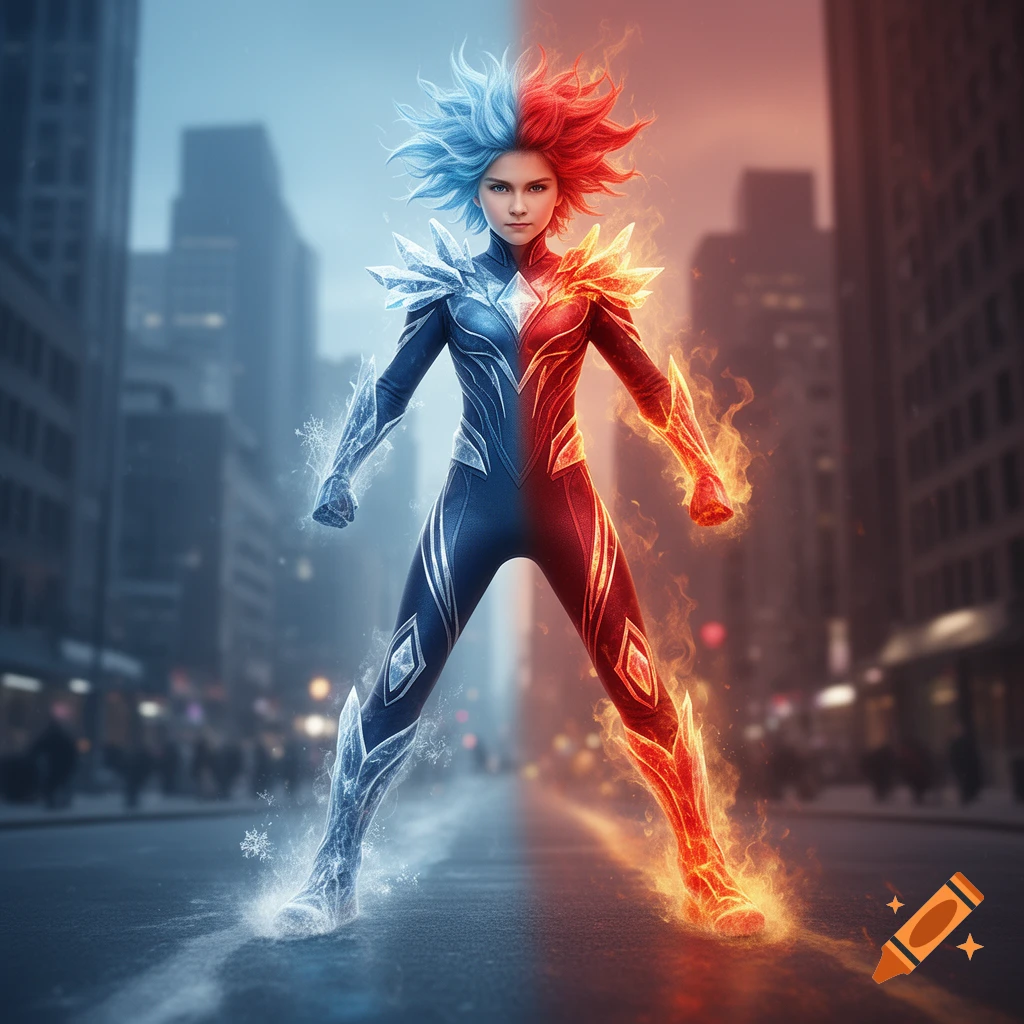 Red Fire Superhero A female superhero with half blue ice and half red fire powers stands ...