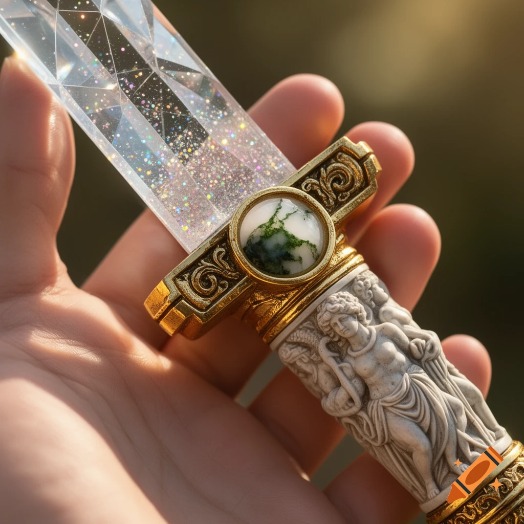 A hand holds a glittering crystal dagger with a gold hilt and sculpted handle, featuring a moss agate gem.