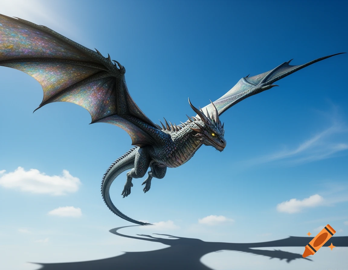 A majestic, photorealistic dragon with iridescent wings soars across a vibrant blue sky with scattered clouds.