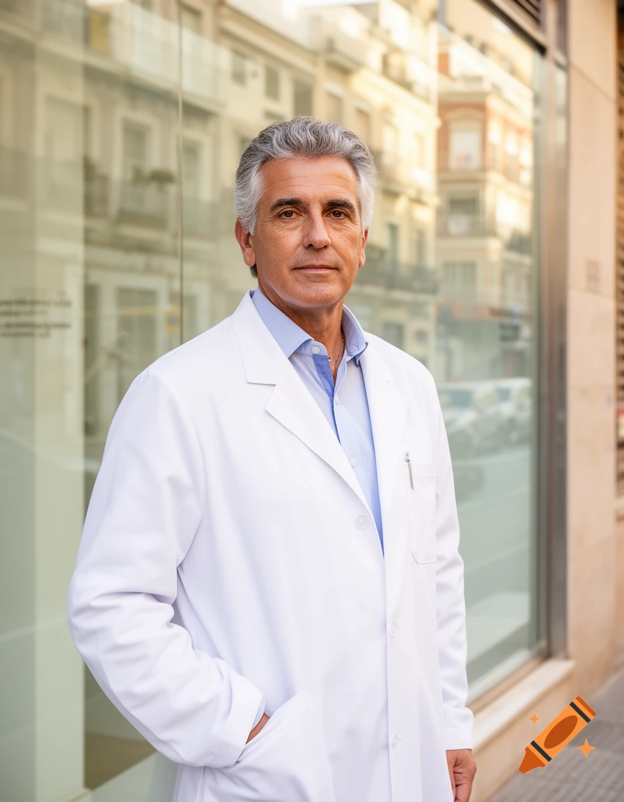 A confident middle-aged man in a white lab coat and blue shirt stands outdoors in front of a modern glass building.