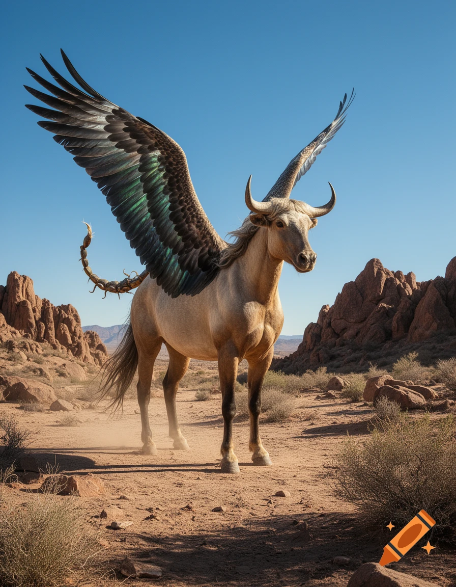 A majestic winged horse with bull horns and a scorpion tail stands in a rocky desert under a clear blue sky.