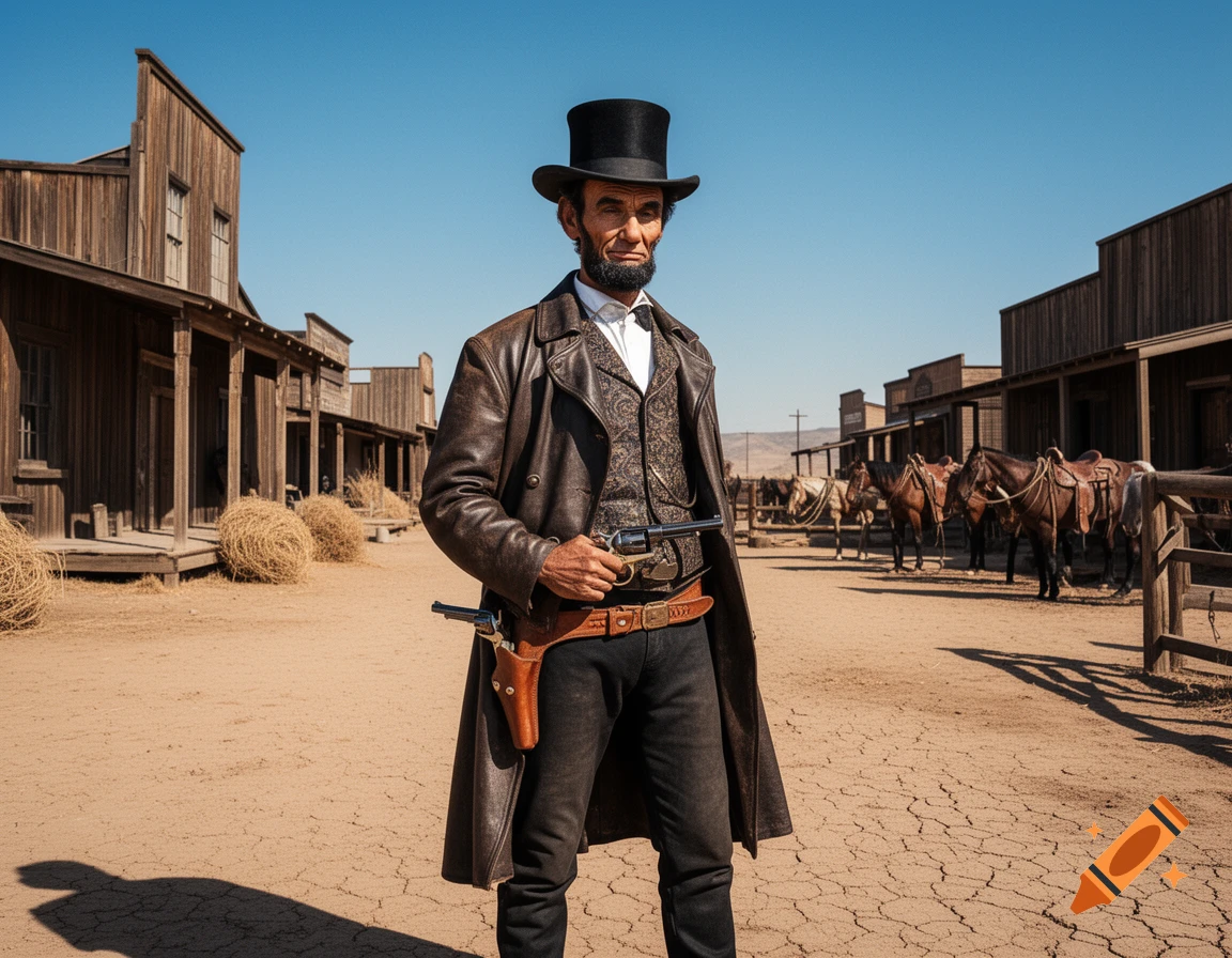 Photorealistic image of Abraham Lincoln as a gunfighter in a dusty Old West town, holding a revolver.