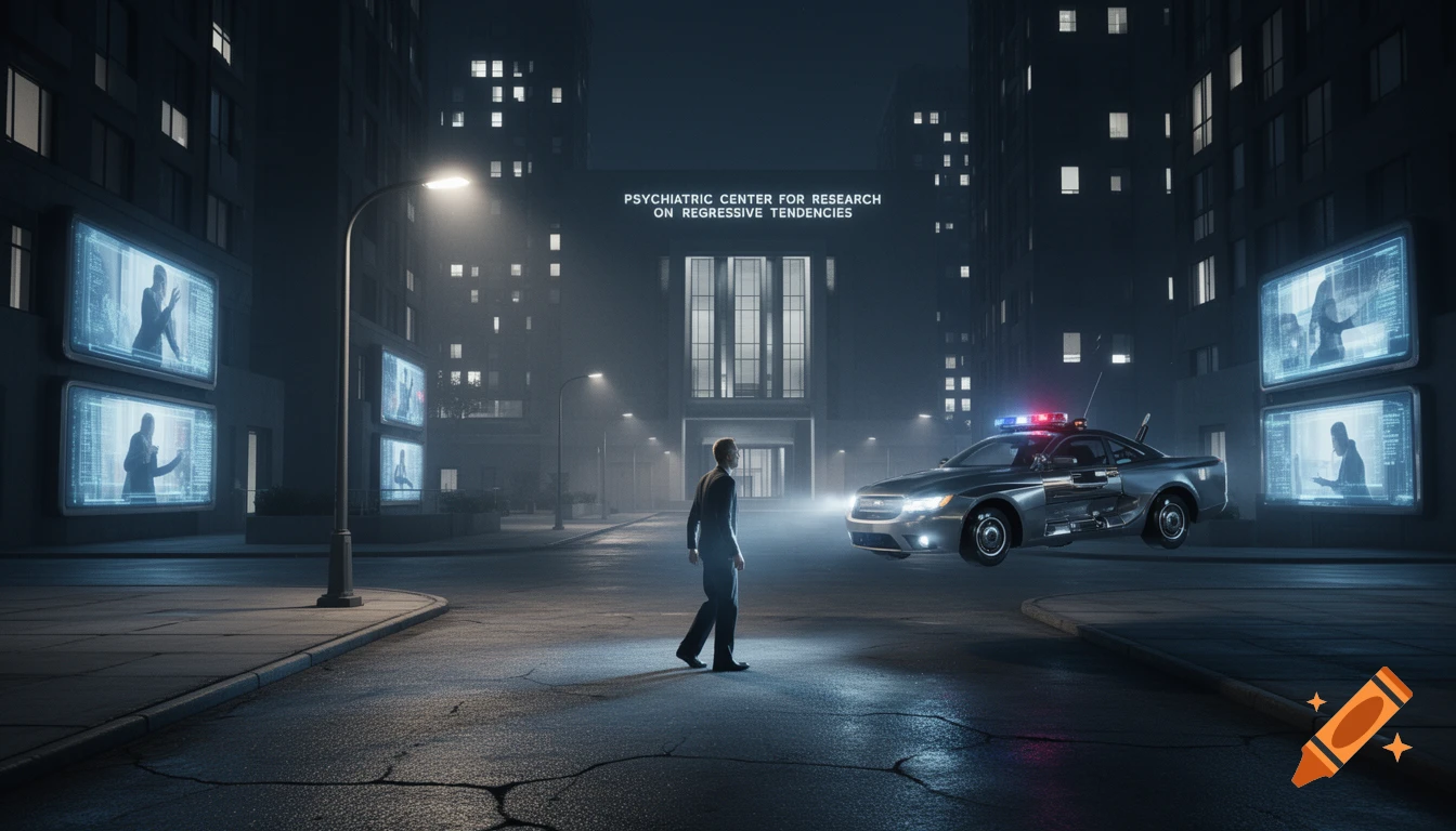 A man walks down a dark, futuristic city street with glowing screens, a flying police car, and a psychiatric research center.
