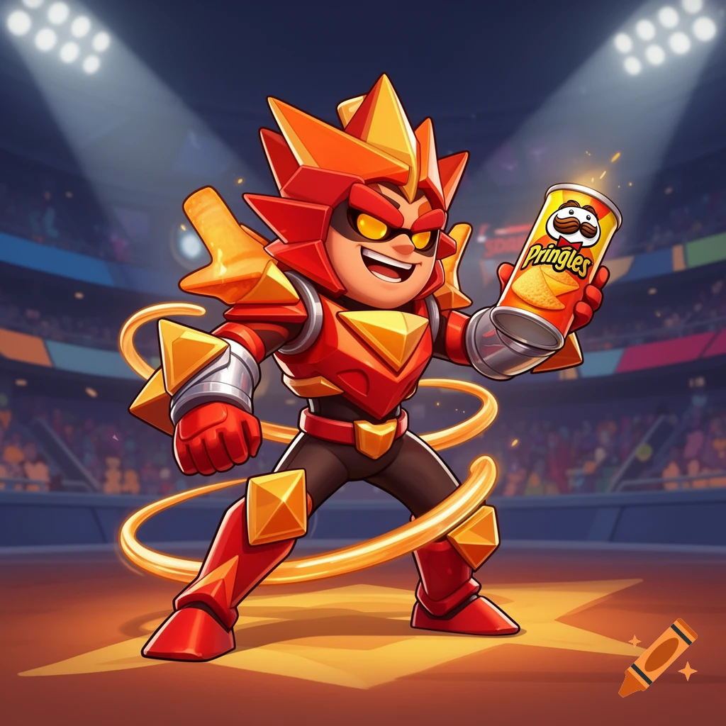 Vibrant cartoon brawler-style character in red and gold armor, holding a Pringles can, posing in a brightly lit stadium arena.