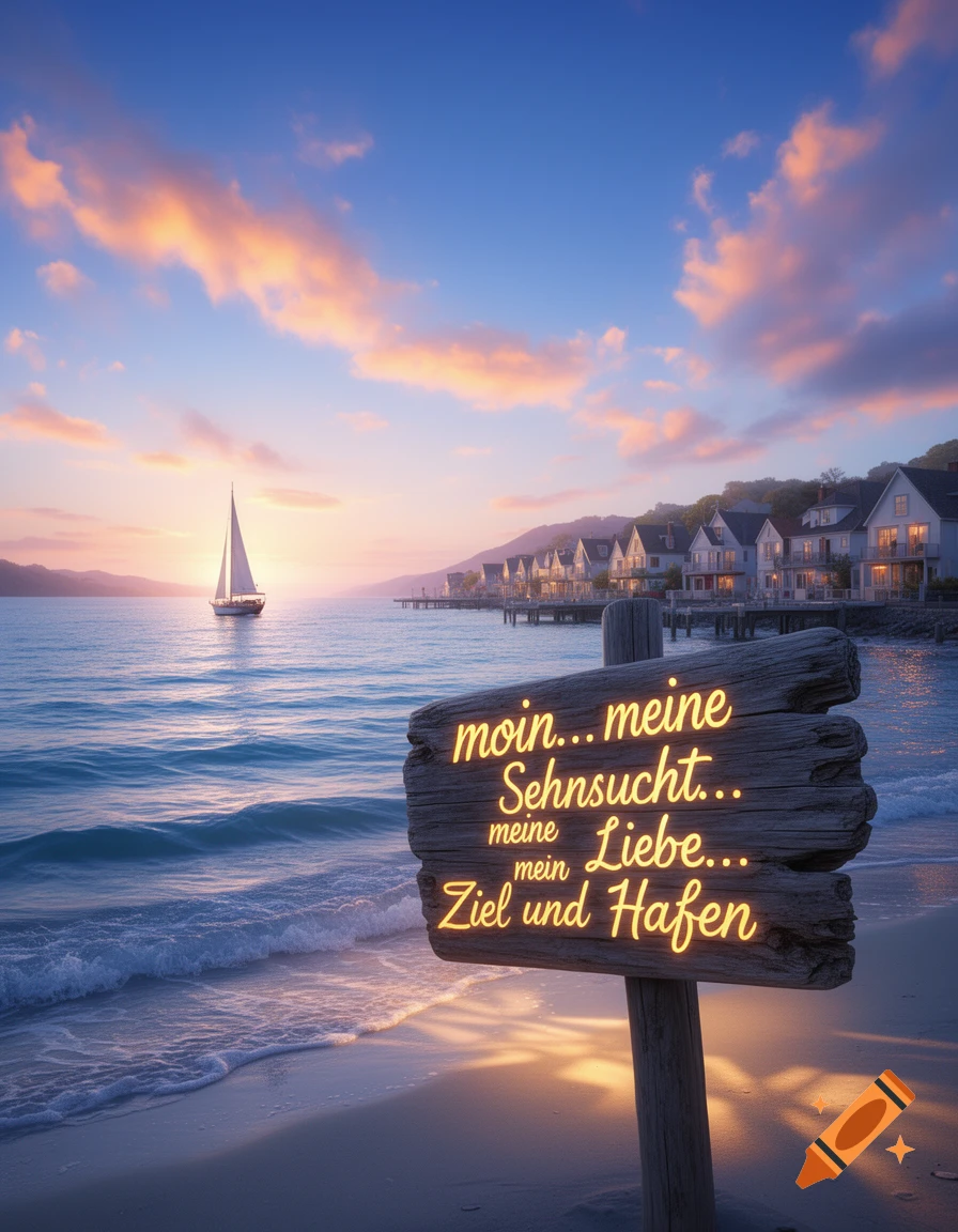 Photorealistic coastal sunset with a sailboat, quaint houses, and a wooden sign on the beach displaying glowing German text.