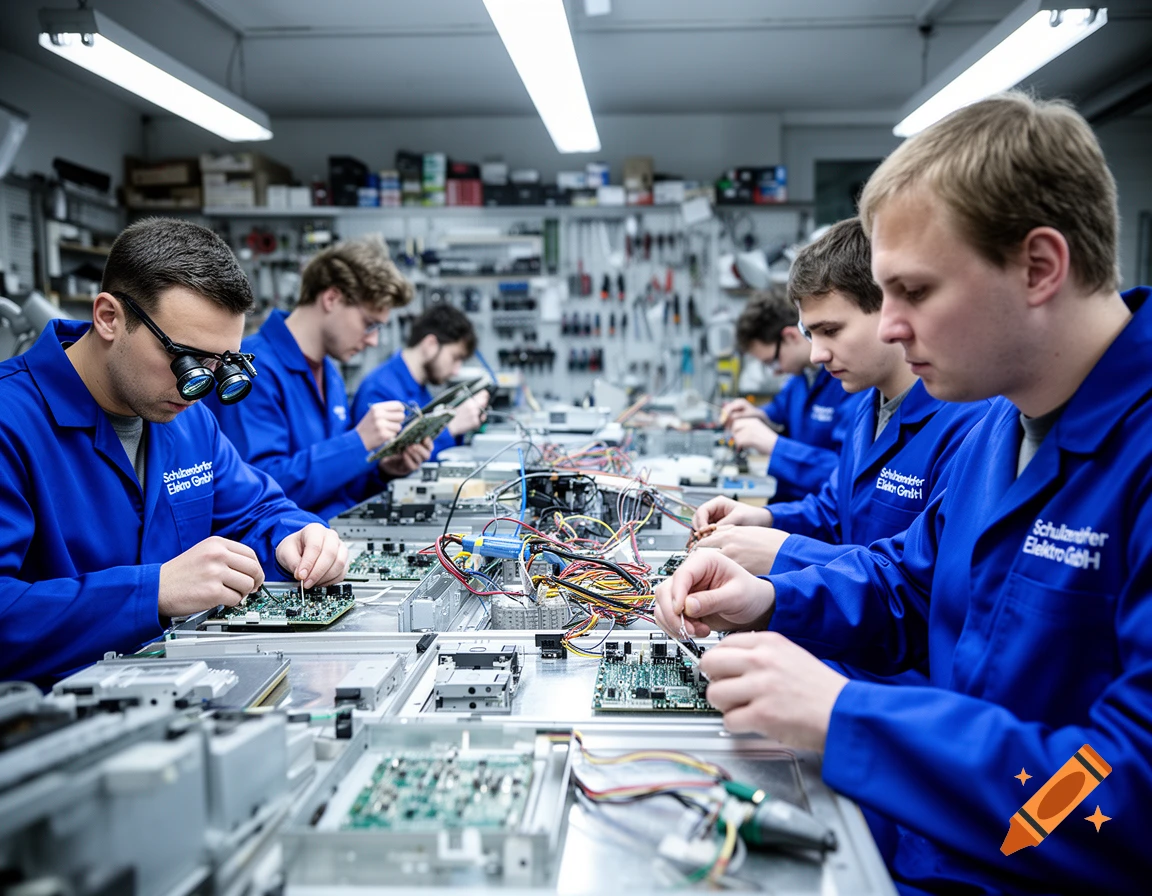 Several men in blue uniforms work meticulously on electronic circuit boards at individual workstations in a workshop.