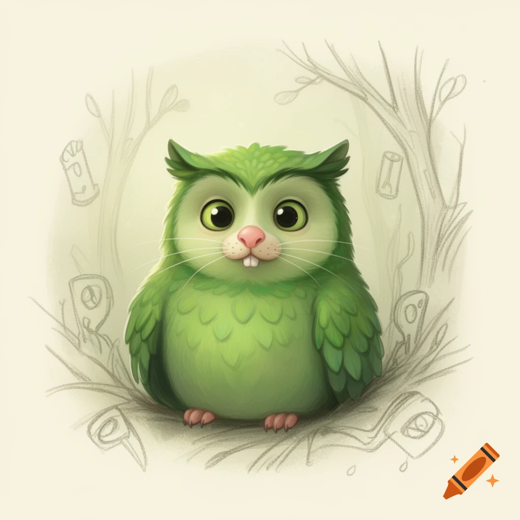 A cute, fluffy green creature with owl ears, a pink rat nose, and large eyes sits against a light sketched background.