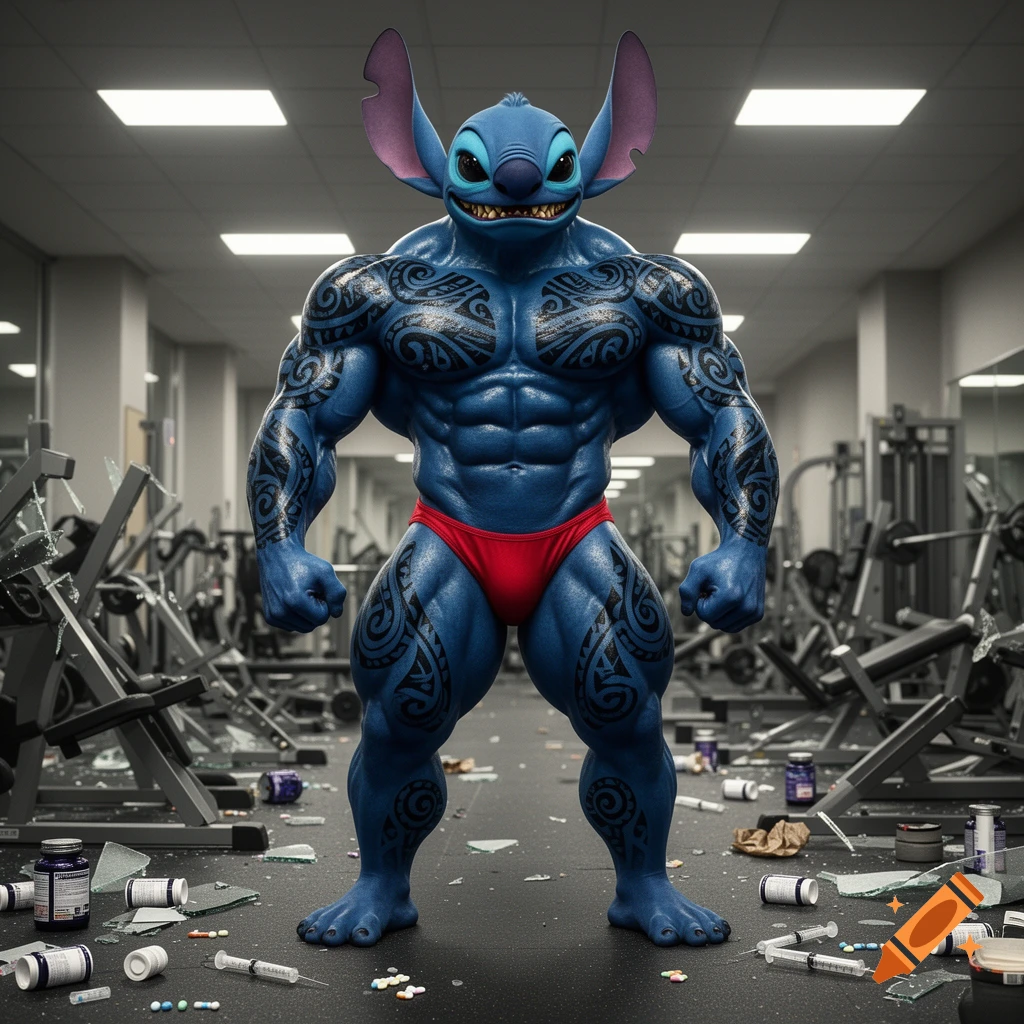 A hyperrealistic image of an extremely muscular, tattooed Stitch from Lilo & Stitch, wearing red posing briefs, standing in a destroyed gym with broken equipment and drug paraphernalia scattered on the floor.