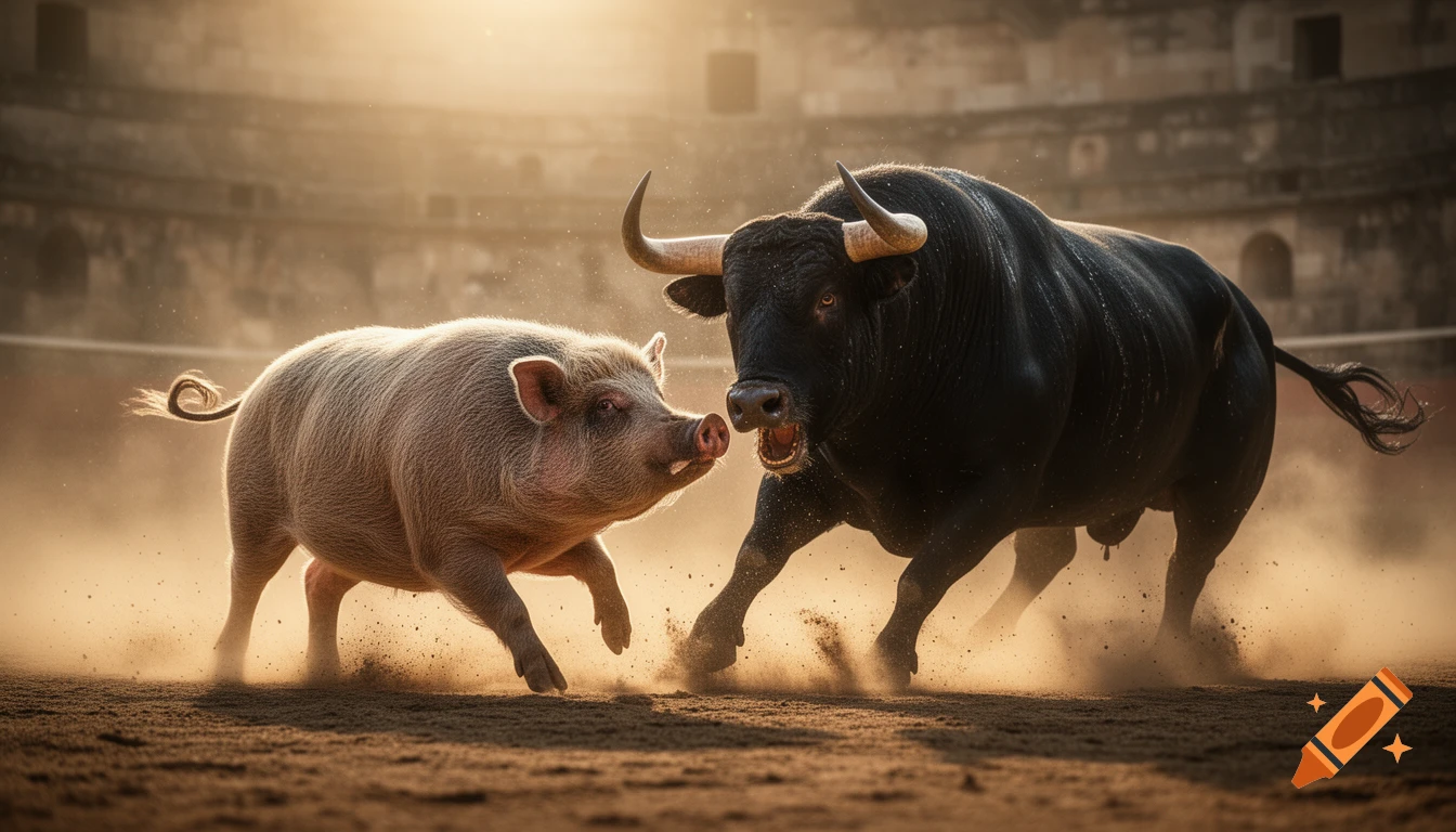 A fierce black bull with horns charges a large pig in a dusty arena, captured in a dramatic, photorealistic style.