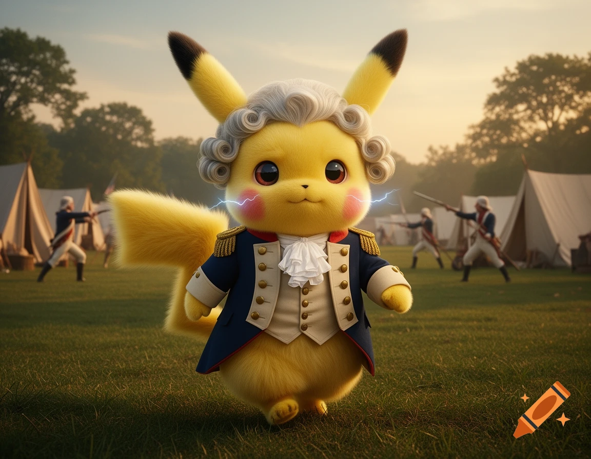 A fluffy Pikachu dressed as George Washington, wearing a powdered wig and colonial military uniform, stands in a grassy historical battle camp with blurred soldiers and tents.