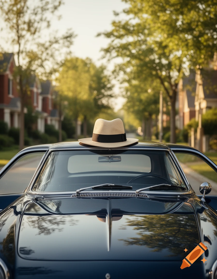 A straw fedora with a black band rests on the roof of a dark blue vintage car parked on a sunlit residential street.