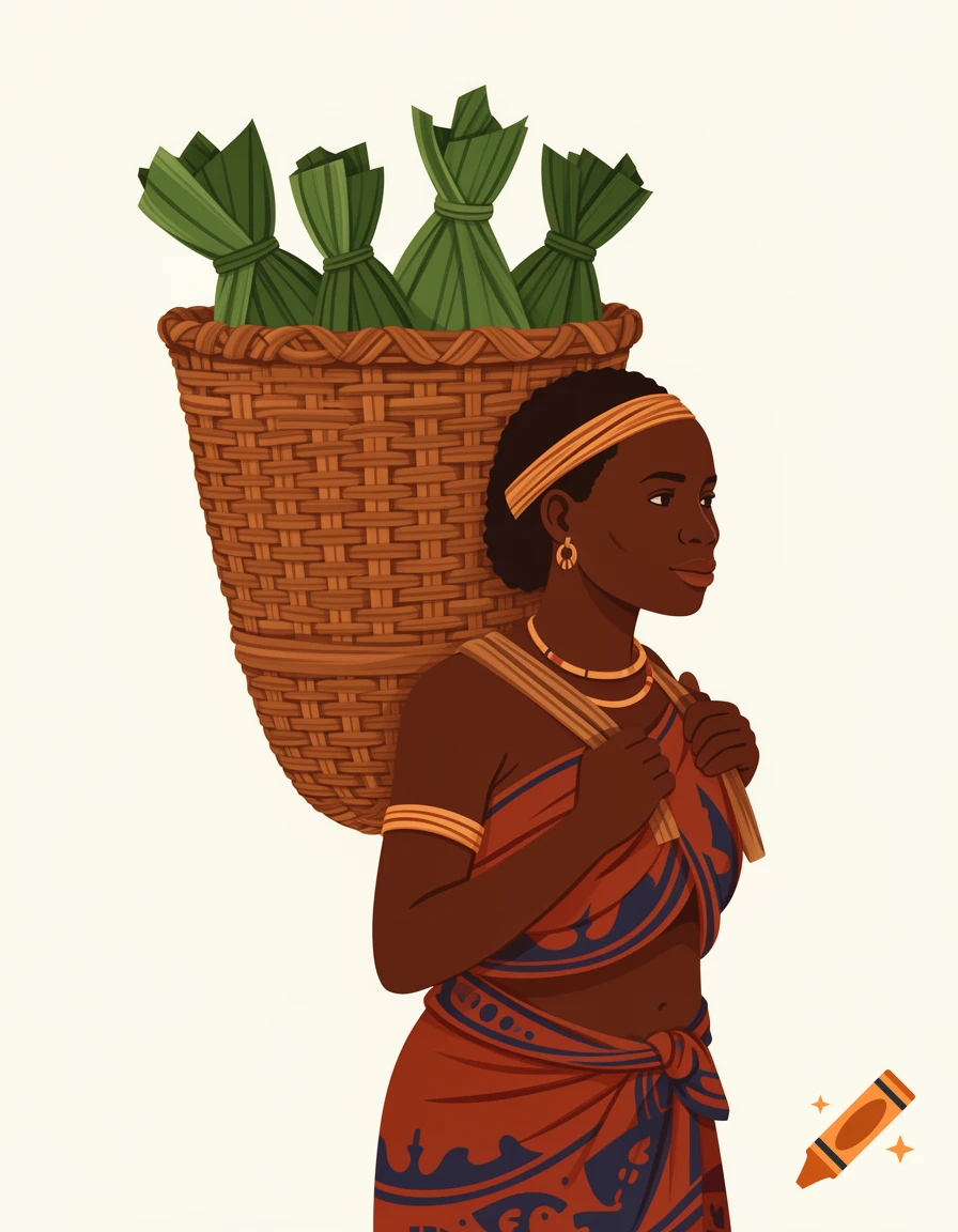 Flat vector illustration of a Bayaka woman in traditional attire, carrying a large woven basket filled with green leaf packets on her back.