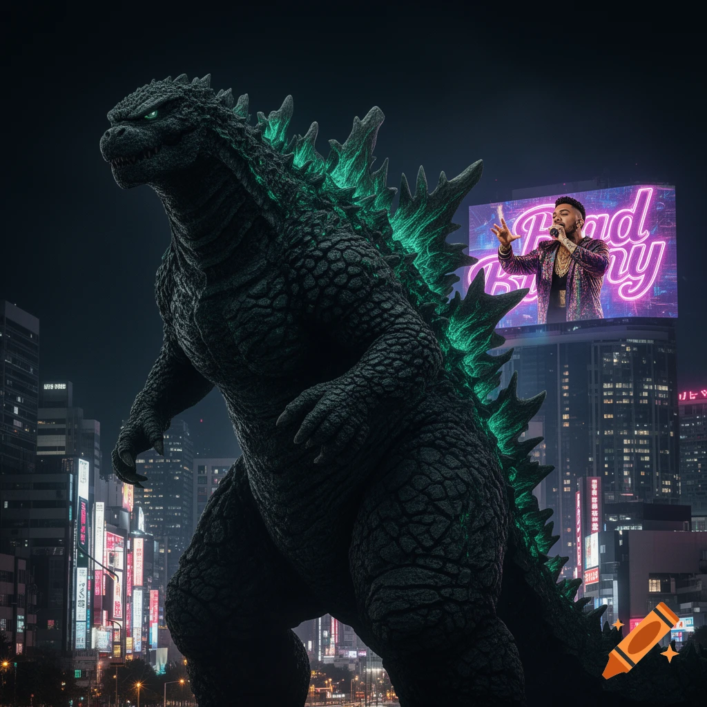 A giant Godzilla with glowing green spikes stands in a city at night, with a large billboard featuring musician Bad Bunny in the background.