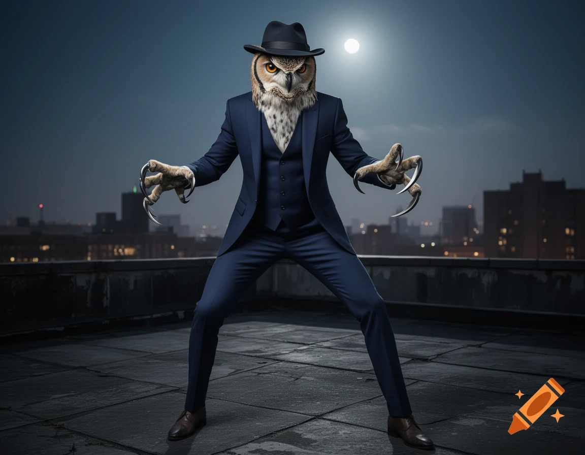 Photorealistic owl-headed man in a dark suit, fedora, and sharp claws stands on a moonlit city rooftop at night.