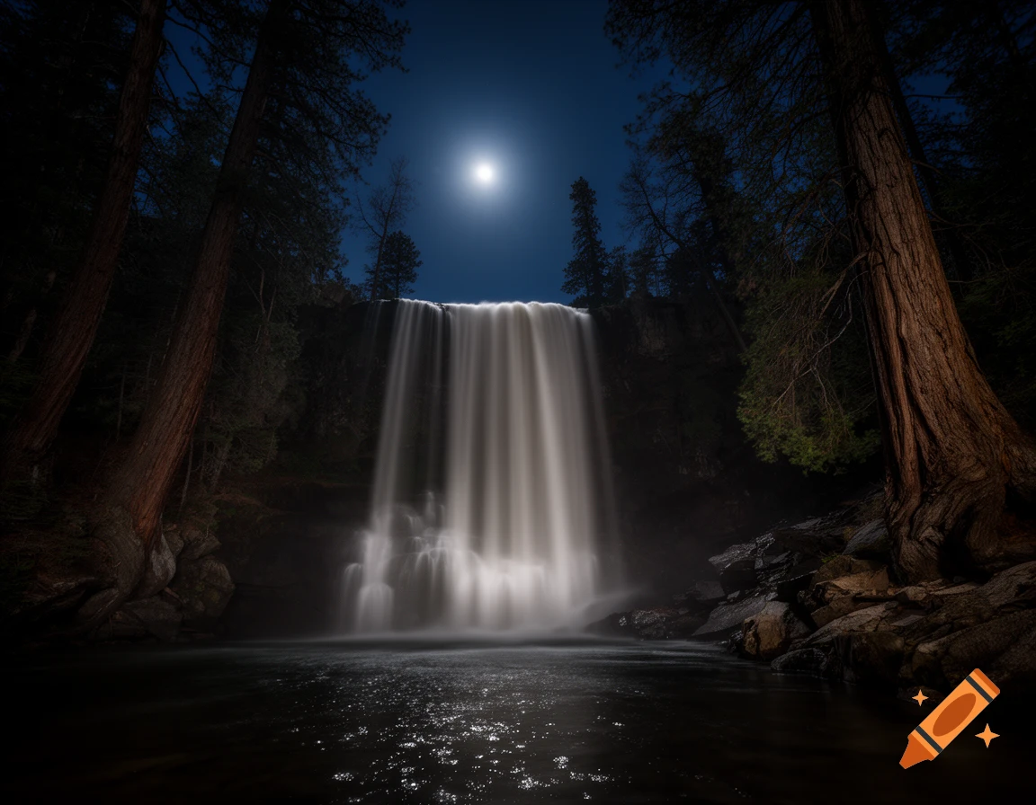 Photorealistic image of a powerful waterfall illuminated by a full moon at night, surrounded by tall pine trees.