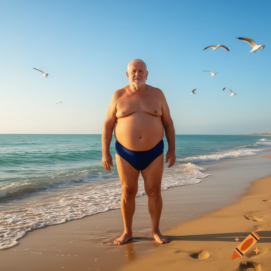 A senior man in blue swimming briefs stands on a sandy beach by the ocean under a clear blue sky with seagulls flying.