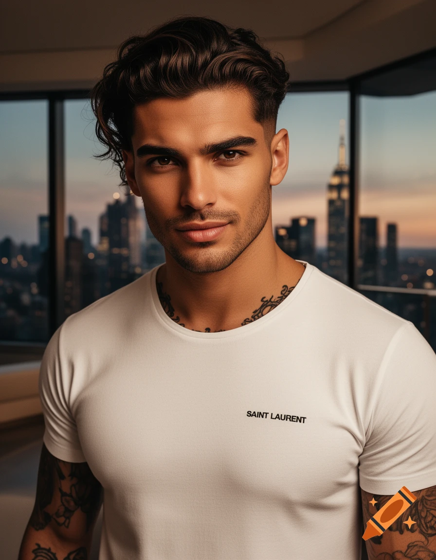 A handsome man in a white Saint Laurent t-shirt in a penthouse overlooking the New York City skyline at twilight, photorealistic.