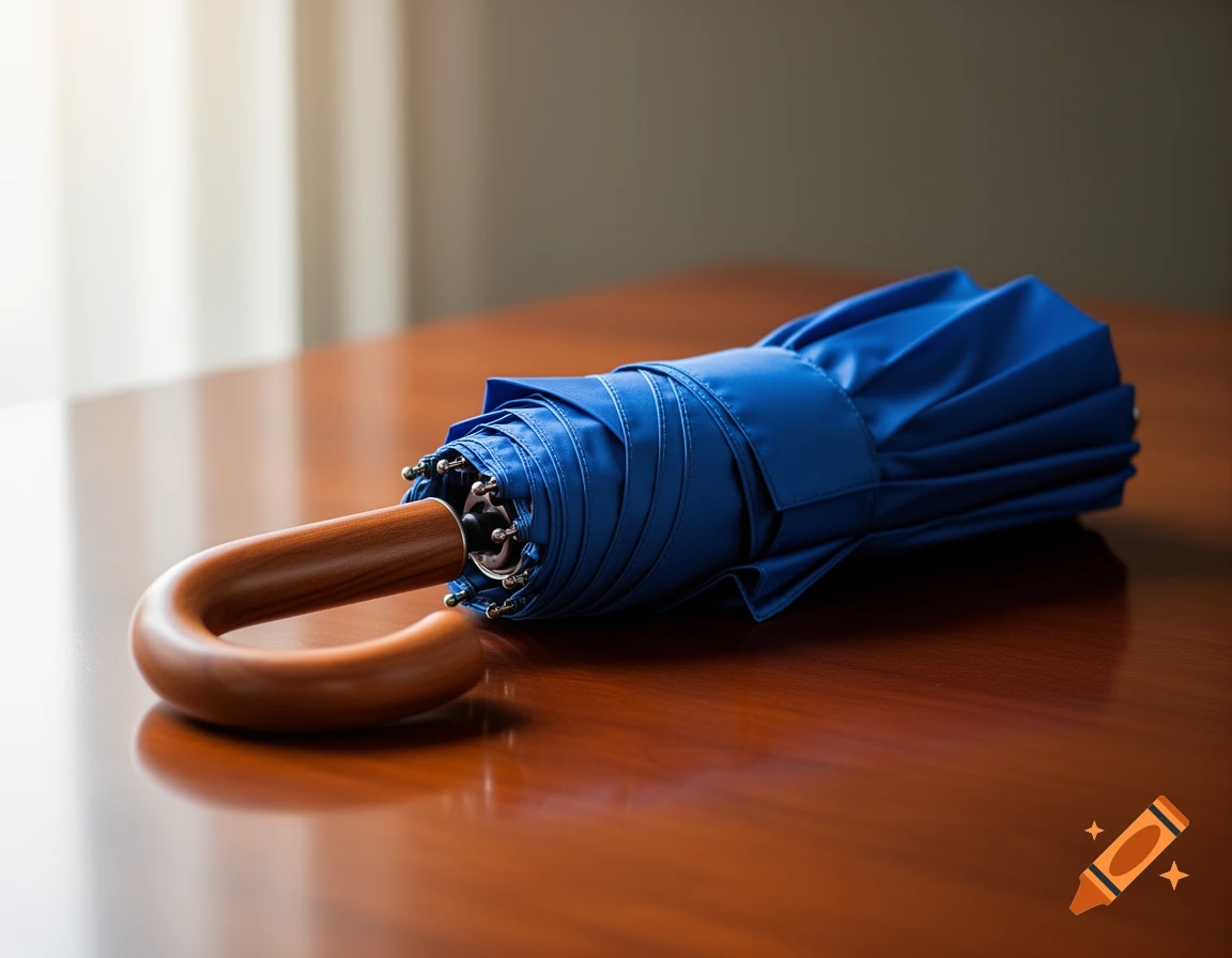 A folded blue umbrella with a curved wooden handle rests on a glossy brown wooden table.